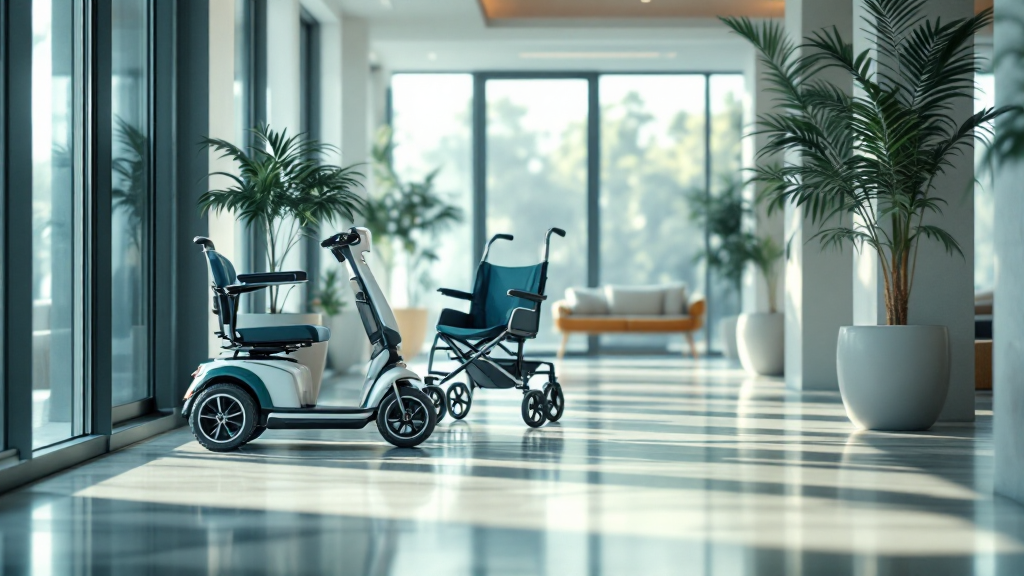 Premium mobility scooter, wheelchair, and stroller lined up in a bright modern lobby