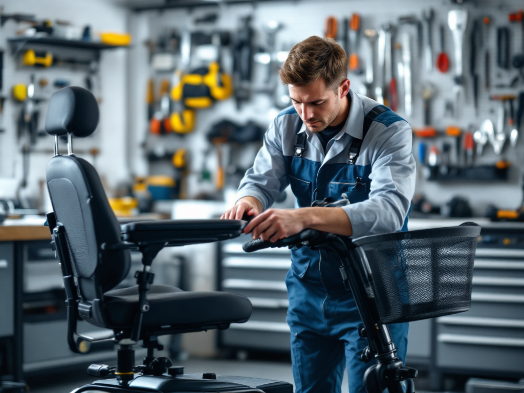 Technician servicing a mobility scooter in a clean modern workshop