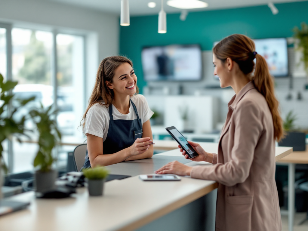 Staff assisting a guest at a tablet kiosk for mobility equipment rental