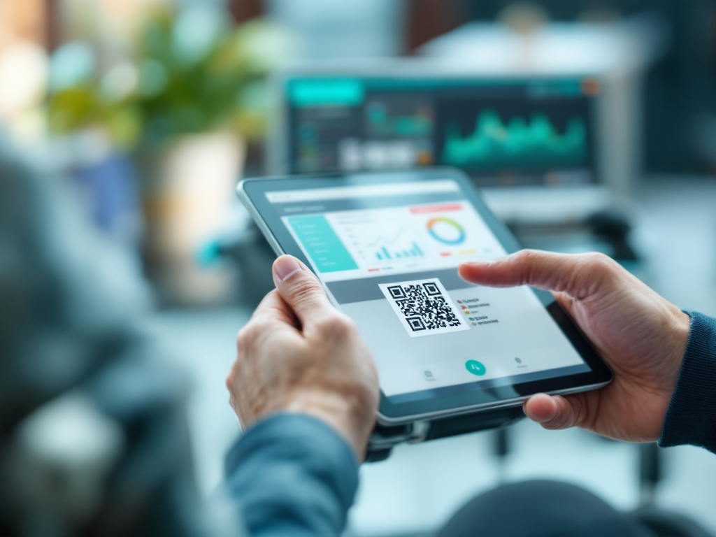 Hand scanning a QR code on a wheelchair with a tablet