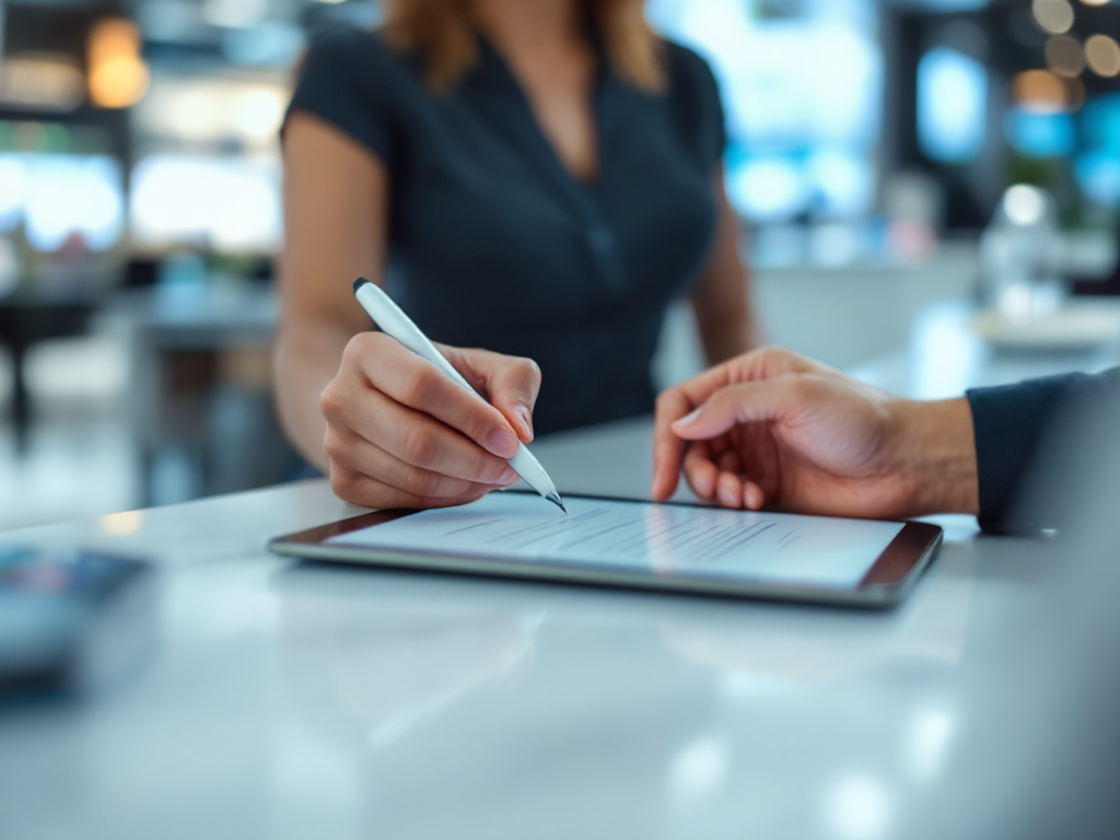 Person signing a digital waiver on an iPad with a stylus